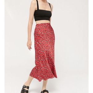 UO Satin Bias Cut Midi Slip Skirt - Red Leopard